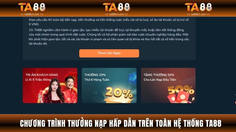 Chương trình thưởng nạp hấp dẫn trên toàn hệ thống TA88
