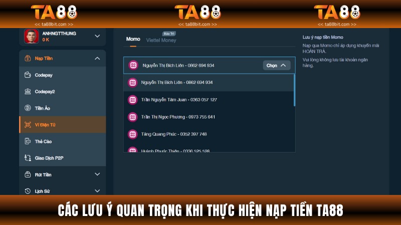 Một số lưu ý giúp quy trình nạp tiền Ta88 được diễn ra suôn sẻ
